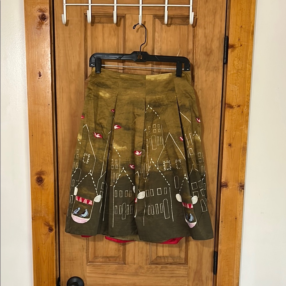 Maeve Olive Green Skirt with Artistic Print